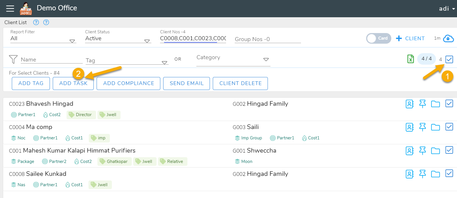 Client list for Task creation